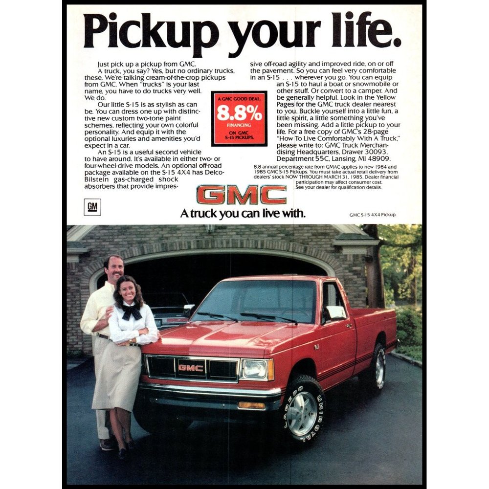 1985 GMC S-15 4x4 Truck Vintage Print Ad Pickup Your Life Laredo Tire Wall Art
